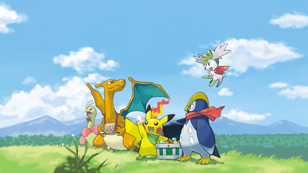 bannière pokémon avec dracaufeu, shaymin, pikachu et pingoleon